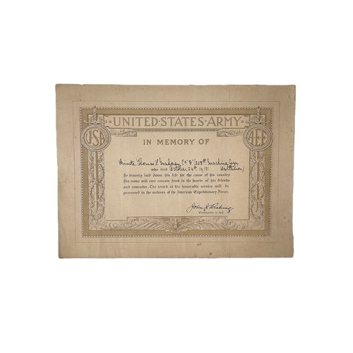 WWI US Army Memorial Certificate, 338th MG BN, 88th Div, Spanish Flu