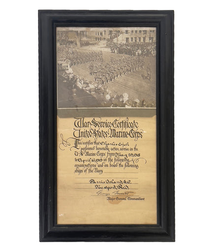 WWI Framed USMC War Service Certificate & Photo of Marines in Parade
