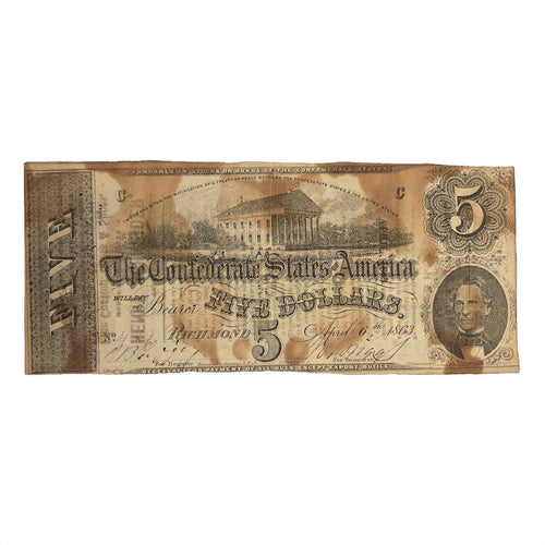1863 $5 Confederate Note With 1890's Printed Poem Advertisement