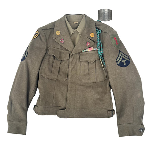 WWII US Army Ike Jacket with Shirt and Theater Made Bracelet, named Robert L. Withrow 7th FA, 1st ID