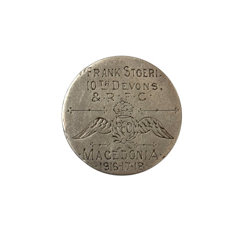 WWI Macedonian Front British RFC ID Tag on Greek Coin, Frank Stoeri, 10th Devons & RFC