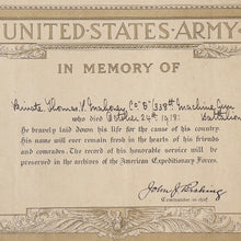 Load image into Gallery viewer, WWI US Army Memorial Certificate, 338th MG BN, 88th Div, Spanish Flu